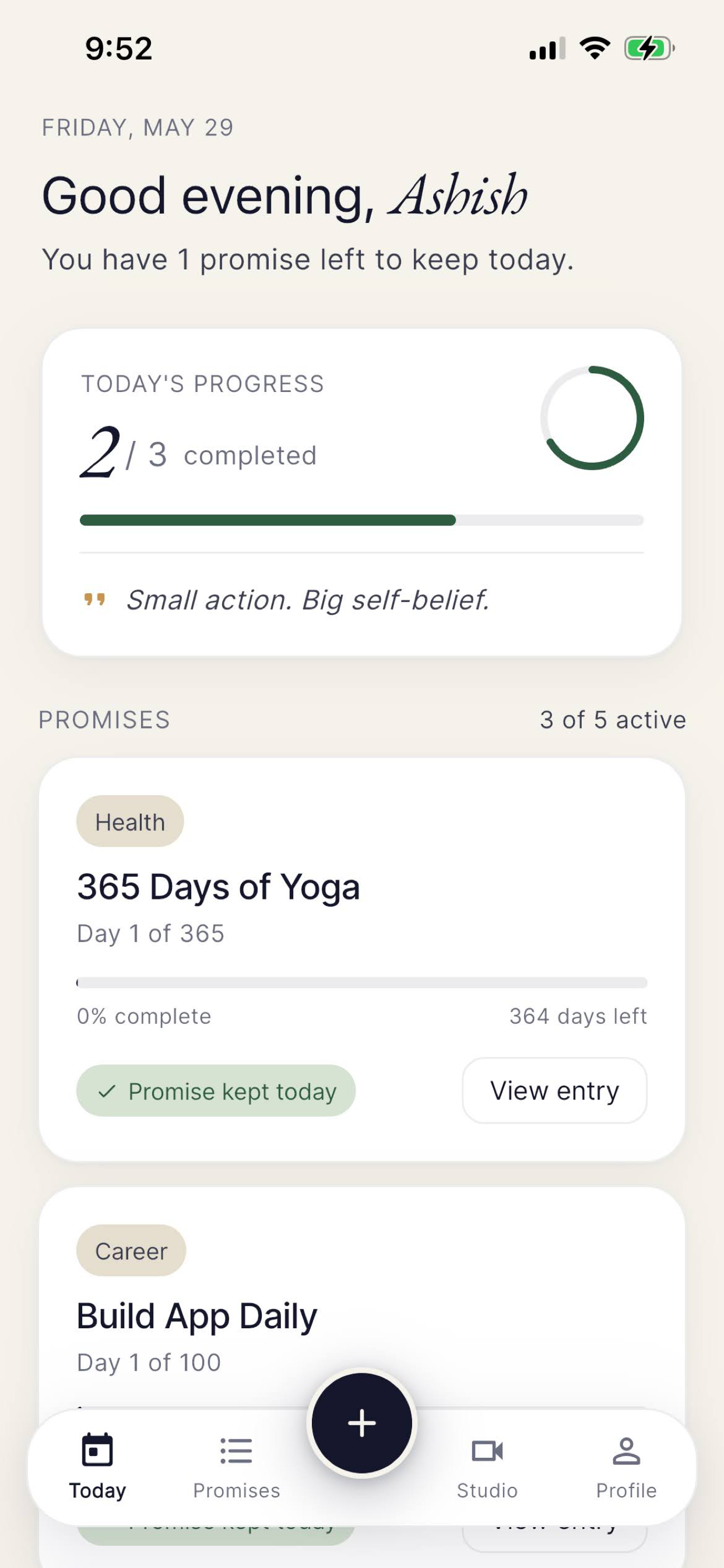 Promise Yourself Daily — Today screen