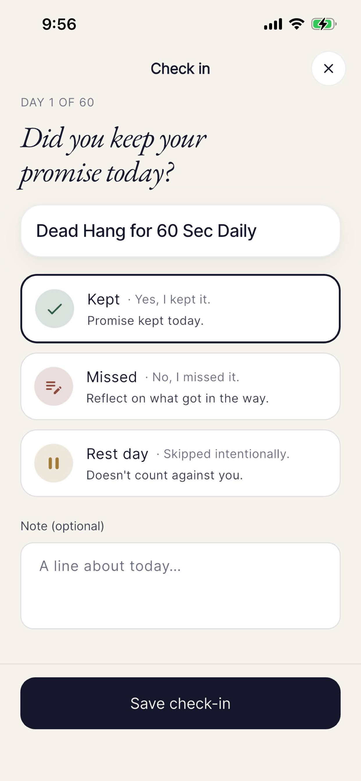 Promise Yourself Daily — Check-in flow